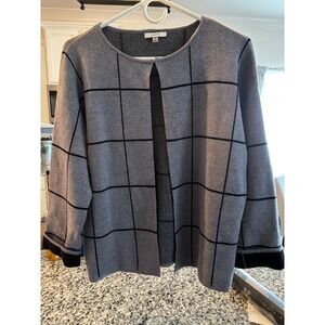Classic Sioni Grey Black Plaid Open Front Cardigan Sweater Jacket Women's Size M